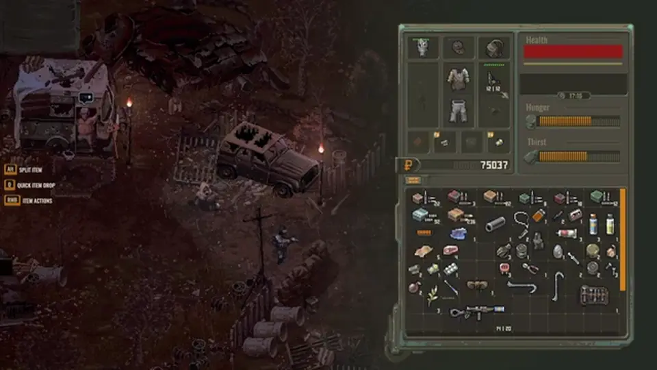 Scavland inventory grid with hunger, thirst, gas mask, and packed loot
