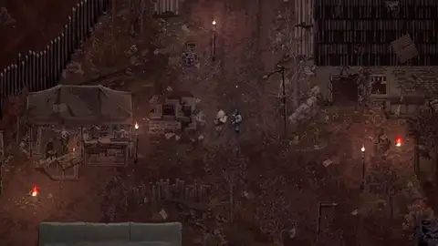 Scavland settlement camp with stall, fire, and patrol path