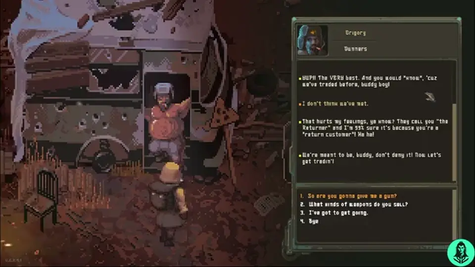 Scavland Gunners trader Grigory dialogue at a van stall