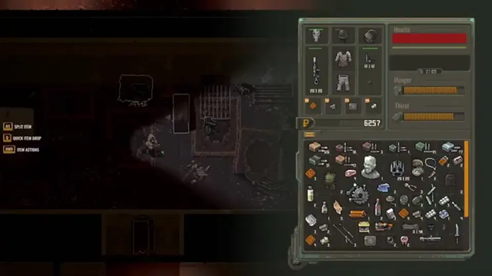 Scavland tetris inventory grid with stacked junk, ammo, and meds