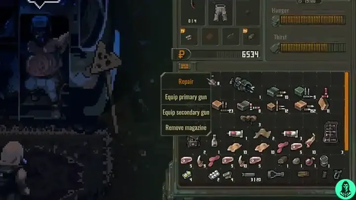 Scavland item context menu with Repair highlighted next to a trader